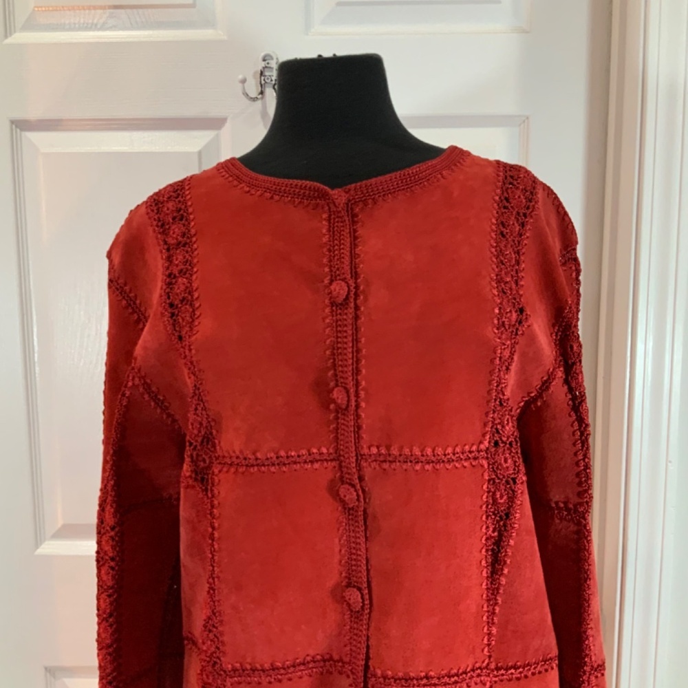 Red Suede Leather Crochet Patchwork Button Down B… - image 2